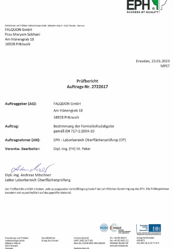 Сертификат о определении дозировки формальдегида в соответствии с EN 717-1:2004-10